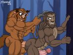  2018 abs absurd_res anal anal_penetration anthro artist_name balls beast_(disney) beauty_and_the_beast beauty_and_the_beast_(2017) bent_over biceps big_balls big_butt big_penis blue_eyes brown_body brown_fur brown_hair butt detailed_background digital_media_(artwork) disney doritohead duo fangs fingers forest fur genitals hair hi_res horn horn_grab huge_balls huge_penis long_tail male male/male monster multicolored_body multicolored_fur muscular muscular_anthro muscular_male nipples nude outside pecs penetration penis plant pubes selfcest sex signature smile square_crossover standing teeth tree two_tone_body two_tone_fur 