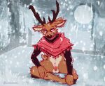  2022 anthro antlers biped blush bottomless bottomless_anthro bottomless_male brown_body brown_fur cervid clothed clothing digital_media_(artwork) ear_twitch fur horn lawyerdog male mammal outside panko_(lawyerdog) poncho snow solo white_body white_fur 