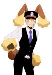  1boy animal_ears black_headwear black_pants black_vest blue_necktie collared_shirt cosplay dress_shirt grey_eyes grey_hair hat ingo_(pokemon) jaho long_sideburns long_sleeves lopunny lopunny_(cosplay) male_focus necktie pants peaked_cap pokemon pokemon_(game) pokemon_bw pokemon_ears pokemon_tail rabbit_boy rabbit_ears rabbit_tail shirt sideburns simple_background solo tail vest white_background white_shirt 