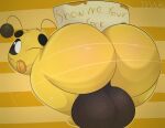  2022 antennae_(anatomy) anthro arthropod asty_(plushtrapboyuwu) backsack balls bee big_balls big_butt black_body black_sclera bodily_fluids butt digital_media_(artwork) english_text eyebrows genitals hi_res huge_balls huge_butt hymenopteran insect looking_at_viewer looking_back male motion_lines multicolored_body nude one_eye_closed plushtrapboyuwu presenting presenting_balls presenting_hindquarters shaded sign signature simple_background smile solo sweat sweaty_balls sweaty_butt sweaty_genitalia sweaty_legs text thick_thighs tongue tongue_out two_tone_body wide_hips wink winking_at_viewer yellow_body 