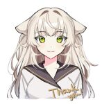  1girl :3 alpaca_ears alpaca_girl animal_ears bangs breasts eyebrows_visible_through_hair green_eyes indie_virtual_youtuber long_hair long_sleeves medium_breasts messy_hair oshi_minji sailor_collar solo sophiel_paka thank_you two_side_up white_background 