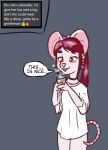  accessory albino anthro baggy_clothing beverage blush clothing ear_piercing ear_ring female fur hair hair_accessory hair_bow hair_ribbon mammal mouse murid murine piercing red_eyes red_hair ribbons rodent shirt solo text topwear vaithun white_body white_fur 