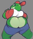  amphibian anthro backwards_hat big_butt bottomwear butt clothed clothing fatzoimp frog green_body hat headgear headwear hi_res looking_back male nintendo partially_clothed rear_view red_clothing red_hat red_headwear shirt shorts shorts_down simple_background slippy_toad solo star_fox topwear video_games 