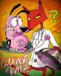  &lt;3 4:5 anthro big_eyes black_ears black_eyebrows black_eyes black_nose black_spots black_tie_(suit) bodily_fluids c2ndy2c1d canid canine canis cartoon_network classy clenched_teeth clothed clothing coat confusion courage_the_cowardly_dog courage_the_cowardly_dog_(character) crows_feet domestic_cat domestic_dog dress_shirt duo english_text eye_contact eyebrows felid feline felis flower food freckles fruit fur hand_on_face holding_face holding_object humor interspecies jacket junkmixart katz_(courage_the_cowardly_dog) lettuce looking_at_another looking_at_partner male male/male mammal markings necktie nervous nervous_sweat partially_clothed pink_body pink_fur plant plate pupils purple_ears purple_nose question_mark red_body red_fur romantic romantic_couple scared shirt simple_background size_difference spots spotted_body spotted_fur spotted_markings standing suit sweat sweatdrop teeth text tomato topwear touching_face vegetable whiskers white_pupils white_suit white_tuxedo yellow_sclera 