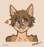  &lt;3 anthro brown_body brown_fur bust_portrait canid canine canis deego deego_(character) domestic_dog fangs fur hair headshot hi_res long_hair male mammal portrait smile solo solo_focus teeth 