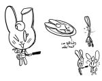  anthro blush buncake candy chocolate cooking dessert duo ester_(somefoolfp) eyes_closed female food food_creature lagomorph leporid mammal monochrome nervous one_eye_closed open_mouth pancake platter rabbit ribbons sketch somefoolfp text transformation wink 