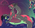  anthro coiling dawn_(dawnthemetamon) dawnthemetamon demon dominant dominant_female duo female goo_creature goo_hair green_eyes green_markings grey_body hi_res lagomorph leporid male male/female mammal markings multicolored_body pseudo_hair rabbit red_eyes red_markings reptile riding scalie slime snake 