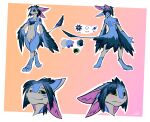  4_ears absurd_res anthro avali avian blue_body chest_tuft color_swatch female flustered hi_res lodi long_tail markings model_sheet multi_ear nude portrait smug solo standing tuft walking winged_arms wings 