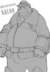  2022 anthro baloo belly big_belly clothed clothing disney disney_mirrorverse hat headgear headwear humanoid_hands kemono male mammal monochrome overweight overweight_male simple_background sketch solo text ursid wantaro white_background 