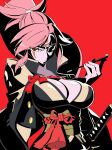  1girl absurdres baiken breasts cleavage eyepatch facial_mark frown guilty_gear guilty_gear_strive highres japanese_clothes katana kazuma_(leldiq) kimono large_breasts long_hair looking_at_viewer one-eyed open_clothes open_kimono pink_hair pipe ponytail red_background rope rope_belt sash scar scar_across_eye scar_on_face sheath sheathed simple_background solo sword tattoo weapon 