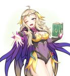  1girl absurdres bare_legs blonde_hair blush book breasts cape cleavage fairy_wings fire_emblem fire_emblem_fates fire_emblem_heroes grey_eyes hayato_stuff highres looking_at_viewer one_eye_closed open_mouth ophelia_(fire_emblem) outstretched_hand smile thighs wings 