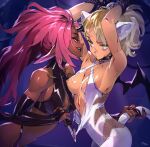  2girls animal_ears armpits arms_up artist_name bare_shoulders bat_wings bell black_collar black_gloves black_lips black_nails blonde_hair blood borrowed_character bound bound_wrists breasts cat_ears cat_girl cat_tail collar commentary cuts cutting_clothes dark-skinned_female dark_skin elbow_gloves english_commentary eye_contact face-to-face gloves green_eyes halterneck highres injury jingle_bell knife lip_piercing long_hair looking_at_another medium_breasts multiple_girls nail_polish neck_bell nipples open_mouth optionaltypo orange_eyes original partially_fingerless_gloves piercing pink_hair pointy_ears ponytail rope sapphicneko_(sapphicneko) tail tail_grab torn_clothes very_long_ears wings yuri zipper 