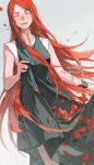  1girl apron breasts closed_eyes daylight919 dress facing_viewer green_apron hair_ornament hairclip highres long_hair naruto_(series) open_mouth petals red_hair sleeveless solo uzumaki_kushina very_long_hair web_address 