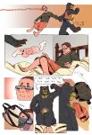  absurd_res anthro balls bed bedroom black_body black_fur blush brown_hair claws clothed clothing colored comic dialogue duo english_text eyewear fur furniture genitals glasses hair hi_res human male male/male mammal nipples nude penis speech_bubble text throatspit undressing ursid 