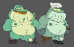  2022 amphibia_(series) amphibian anthro belly big_belly chef_hat clothing disney duo frog green_body hat headgear headwear male mayor_toadstool moobs nipples overweight overweight_male posduroo simple_background stumpy_stumpson 