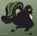  anthro big_butt black_body black_fur black_pawpads blush bodily_fluids breasts butt dripping drooling fur green_background green_body green_fur gynomorph gynomorph_(lore) hair hair_over_eyes huge_butt intersex long_hair mammal mephitid pawpads paws presenting presenting_hindquarters raised_tail saliva saliva_drip saliva_string side_boob simple_background skunk smile smirk smug smug_face smug_grin solo suntan tan_line thick_thighs trans_(lore) trans_woman_(lore) wide_hips wonderslug_(artist) 