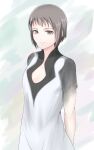  1girl breasts closed_mouth dress ico looking_at_viewer pointy_ears short_hair silver_hair simple_background smile solo tabard white_dress yorda 