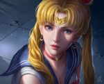  1girl bangs bishoujo_senshi_sailor_moon blonde_hair blue_eyes blue_sailor_collar choker circlet commentary crescent crescent_earrings earrings english_commentary hair_over_shoulder heart highres jerry_loh jewelry long_hair looking_up meme open_mouth parted_bangs red_choker sailor_collar sailor_moon sailor_moon_redraw_challenge_(meme) sailor_senshi_uniform solo teeth twintails upper_body 