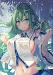  1girl bangs blue_eyes blush breasts closed_mouth collared_shirt detached_sleeves eyebrows_visible_through_hair floating_hair frog_hair_ornament green_hair hair_between_eyes hair_ornament hair_tubes highres kochiya_sanae large_breasts liya long_hair looking_at_viewer navel no_bra rain raised_eyebrows see-through shirt sideboob sleeveless sleeveless_shirt snake_hair_ornament touhou tree upper_body wet wet_clothes white_shirt wide_sleeves 