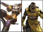  1boy 1girl apex_legends bodysuit boots brown_eyes brown_hair caustic_(apex_legends) gas_mask goggles grey_hair hair_slicked_back hazmat_suit highres jetpack mask metal_boots orange_bodysuit parted_lips short_hair smile thigh_boots thighhighs thundergotch valkyrie_(apex_legends) white_background 