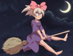  1girl bangs barefoot bea_(pokemon) blonde_hair blush bow_hairband breasts broom closed_mouth collarbone commentary_request cosplay crescent_moon dress full_body grey_eyes hair_between_eyes hairband holding kiki_(majo_no_takkyuubin) kiki_(majo_no_takkyuubin)_(cosplay) kurachi_mizuki majo_no_takkyuubin medium_hair moon night outdoors pink_hairband pokemon pokemon_(game) pokemon_swsh purple_dress riding sitting sky smile solo split_mouth toes 