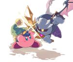  armor blue_eyes copy_ability duel fighting galaxia_(sword) gloves glowing glowing_eyes kirby kirby_(series) mask meta_knight mutekyan no_humans shadow shoulder_armor sword sword_fight weapon white_background wings yellow_eyes 