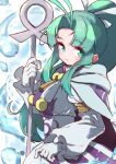  1girl blue_eyes blue_hair cape closed_mouth gloves golden_sun green_eyes hair_ribbon long_hair looking_at_viewer mia_(golden_sun) ponytail ribbon robe smile solo staff white_gloves wide_ponytail 