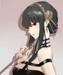 1girl bangs bare_shoulders black_dress black_hair blush breasts dress earrings gloves hair_ornament hairband holding holding_weapon jewelry long_hair looking_at_viewer lucidsky red_eyes sidelocks simple_background solo spy_x_family weapon yor_briar 