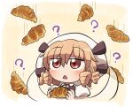  1girl ? blonde_hair blush bread dress drill_hair eyebrows_visible_through_hair fairy fairy_wings food hair_between_eyes hat holding holding_food long_hair luna_child open_mouth portrait red_eyes rokugou_daisuke signature solo touhou white_dress white_headwear wings 