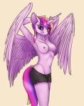  anthro bottomwear breasts clothed clothing equid equine feathered_wings feathers female friendship_is_magic hands_behind_head hasbro hi_res horn hotpants looking_at_viewer mammal mostly_nude my_little_pony navel nipples princess_cadance_(mlp) raised_arms shorts shorts_only simple_background solo spread_wings tenebrisnoctus topless winged_unicorn wings 