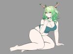  1girl absurdres antlers barefoot belly breasts brown_eyes camisole ceres_fauna cleavage green_camisole green_nails green_panties grey_background hair_behind_ear highres hololive hololive_english large_breasts looking_at_viewer medium_hair navel panties peagade plump solo sparkle_earrings underwear virtual_youtuber 