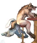  anthro barstool bodily_fluids canid canine canis cum duo genital_fluids gulonine hi_res knotting looking_pleasured male male/male mammal marten memburu mustelid musteline pained_expression wolf 