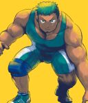  1boy bara black_hair dark-skinned_male dark_skin facial_hair feet_out_of_frame fighting_stance full_body goatee green_eyes green_footwear green_hair knee_pads large_pectorals looking_at_viewer male_focus multicolored_hair muscular muscular_male pectorals short_hair sideburns simple_background singlet solo taurus_mask thick_arms thick_thighs thighs tokyo_afterschool_summoners tsuna_(so_da77) two-tone_hair wrestling_outfit yellow_background 