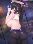  1girl against_glass ass bangs bare_arms bare_shoulders black_hair black_pants blue_archive blush breasts cameltoe from_behind hair_ornament hair_scrunchie halo highres large_breasts long_hair looking_at_viewer looking_back nipples pants parted_lips ponytail purple_eyes purple_scrunchie rebe11 scrunchie shirt shun_(blue_archive) sleeveless solo white_shirt window wristband 