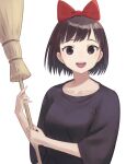  1girl :d black_dress bow broom brown_eyes brown_hair collarbone dress hair_bow highres holding holding_broom kiki_(majo_no_takkyuubin) looking_at_viewer majo_no_takkyuubin open_mouth red_bow shimizu_tomoki short_hair smile solo teeth upper_body upper_teeth white_background wide_sleeves 