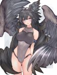  1girl ahoge armband arms_at_sides asaikeu bangs bare_shoulders black_hair blue_eyes blush breasts cowboy_shot feathered_wings granblue_fantasy groin hair_wings large_breasts leotard malluel_(granblue_fantasy) multicolored_hair multiple_wings open_mouth solo streaked_hair wings 