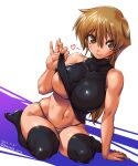  1girl amania_orz breasts brown_eyes brown_hair clothes_lift heart highres large_breasts long_hair navel simple_background smile solo tenjouin_asuka thighhighs underboob white_background yu-gi-oh! yu-gi-oh!_gx 
