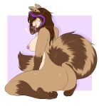  absurd_res anthro avoid_posting big_butt breasts butt butt_focus ear_piercing female fluffy fluffy_tail hair hi_res highlights_(coloring) kiwipotato long_tongue mammal medium_breasts nipple_piercing nipples pawpads piercing procyonid purple_hair raccoon red_eyes solo tongue tongue_piercing violet_(raccoonirl) wide_hips 