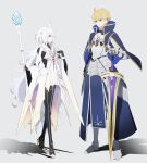 1boy 1girl absurdres ahoge armor arthur_pendragon_(fate) bangs bishounen black_footwear black_gloves black_pants blonde_hair blue_cape breastplate breasts cape closed_mouth commentary excalibur_(fate/prototype) fate/grand_order fate/grand_order_arcade fate/prototype fate/prototype:_fragments_of_blue_and_silver fate_(series) faulds fingerless_gloves full_body gauntlets gloves greaves green_eyes grey_background hair_between_eyes hand_on_own_chest highres holding holding_staff long_hair long_sleeves looking_at_another medium_breasts merlin_(fate/prototype) ne_f_g_o pants pauldrons purple_eyes shadow short_hair shoulder_armor simple_background smile staff sword teacher_and_student very_long_hair weapon white_hair white_robe wide_sleeves 