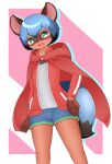  anthro blue_bottomwear blue_clothing blue_hair blue_shorts border bottomwear brand_new_animal brown_body brown_fur canid canine cape clothed clothing cute_fangs dipstick_tail female fully_clothed fur gloves_(marking) green_eyes grey_clothing grey_shirt grey_topwear hair hand_on_hip hi_res hotpants jacket kinako_(artist) mammal markings michiru_kagemori minishorts open_clothing open_jacket open_mouth open_topwear raccoon_dog red_clothing red_jacket red_topwear shirt short_hair shorts simple_background solo studio_trigger tail_markings tanuki topwear white_border 