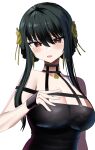  1girl absurdres bangs bare_shoulders black_dress black_hair blush breasts cleavage dress hair_ornament hanasaka_houcha highres large_breasts looking_at_viewer medium_hair parted_lips red_eyes simple_background solo spy_x_family upper_body white_background yor_briar 