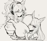  2girls animal_ears arknights breast_envy breast_grab breast_press breasts eyebrows_visible_through_hair grabbing head_on_chest headset huge_breasts long_hair looking_at_another looking_to_the_side melon22 multiple_girls nearl_(arknights) ponytail sketch standing texas_(arknights) 