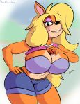  activision anthro bite biting_lip blonde_hair bra breasts clothing crash_bandicoot_(series) davidsanchan female hair hi_res solo tawna_bandicoot thick_thighs underwear video_games 