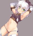  1girl :o arm_belt armpits bandaged_arm bandaged_hand bandages bare_shoulders belt belt_buckle black_panties blush breasts brown_belt buckle cleavage_cutout clothing_cutout commentary_request cowboy_shot crop_top eyebrows_visible_through_hair fate/apocrypha fate_(series) fingerless_gloves gloves green_eyes grey_background groin jack_the_ripper_(fate/apocrypha) linea_alba looking_at_viewer lowleg lowleg_panties medium_breasts medium_hair micro_panties midriff navel open_mouth panties pussy pussy_peek scar scar_on_cheek scar_on_face shirt silver_hair simple_background single_glove solo split_mouth tattoo thighhighs toned tsudero underwear 