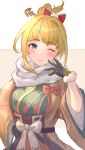  1girl absurdres asaikeu bangs black_gloves blonde_hair blush breasts closed_mouth coat gloves granblue_fantasy green_eyes green_kimono hair_bun hand_on_hip highres japanese_clothes kimono medium_breasts medium_hair mirin_(granblue_fantasy) one_eye_closed scarf smile solo upper_body wide_sleeves yellow_coat 