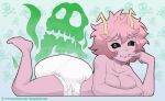  ashido_mina black_body black_skin breasts diaper feces female hair hi_res humanoid looking_at_viewer lying mammal messy_diaper mostly_nude my_hero_academia on_front pink_body pink_hair pink_skin short_hair simple_background smelly smile soiling solo the-padded-room white_diaper 