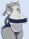  3:4 anthro big_breasts blush bouncing_breasts breasts clothed clothing domestic_cat felid feline felis female lion_granny mammal mature_female simple_background smile solo swimwear 