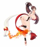  1girl ass bangs bare_shoulders barefoot bobobong breasts bridal_gauntlets brown_eyes brown_hair commentary covered_nipples fatal_fury fire full_body hair_ornament highres huge_breasts japanese_clothes lips long_hair looking_at_viewer looking_back ninja open_mouth ponytail revealing_clothes rope shiny shiny_hair shiny_skin shiranui_mai sideboob simple_background sleeveless the_king_of_fighters thighs thong toes white_background 