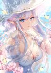  1girl bangs blue_eyes breasts bug butterfly cherry_blossoms cleavage collarbone dress elf gloves hat hi-na1 large_breasts long_hair looking_at_viewer original pointy_ears solo white_dress white_gloves 