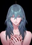  1girl bangs black_background blood blood_on_face blood_on_hands blue_eyes blue_hair byleth_(fire_emblem) byleth_(fire_emblem)_(female) closed_mouth commentary fire_emblem fire_emblem:_three_houses hair_between_eyes hands_on_own_chest highres ikarin long_hair nude simple_background solo translation_request upper_body 